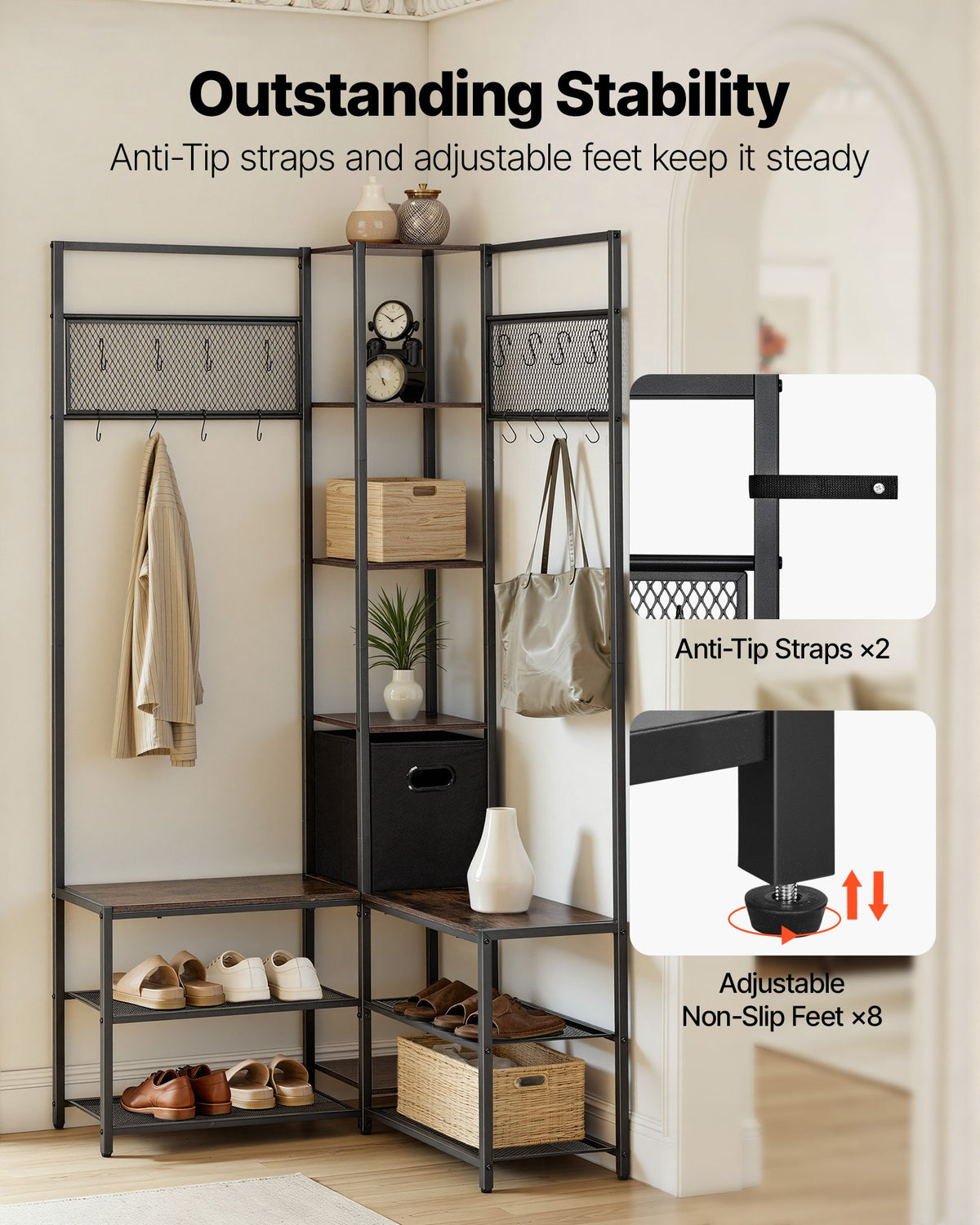 Corner Hall Tree With Shoe Bench, 70.9 In Coat Rack With Hooks And Shelf