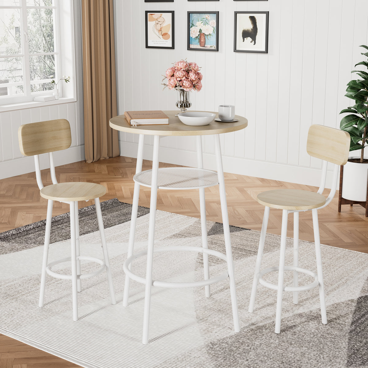 Bar Table With 2 Bar Stools, With Backrest And Partition