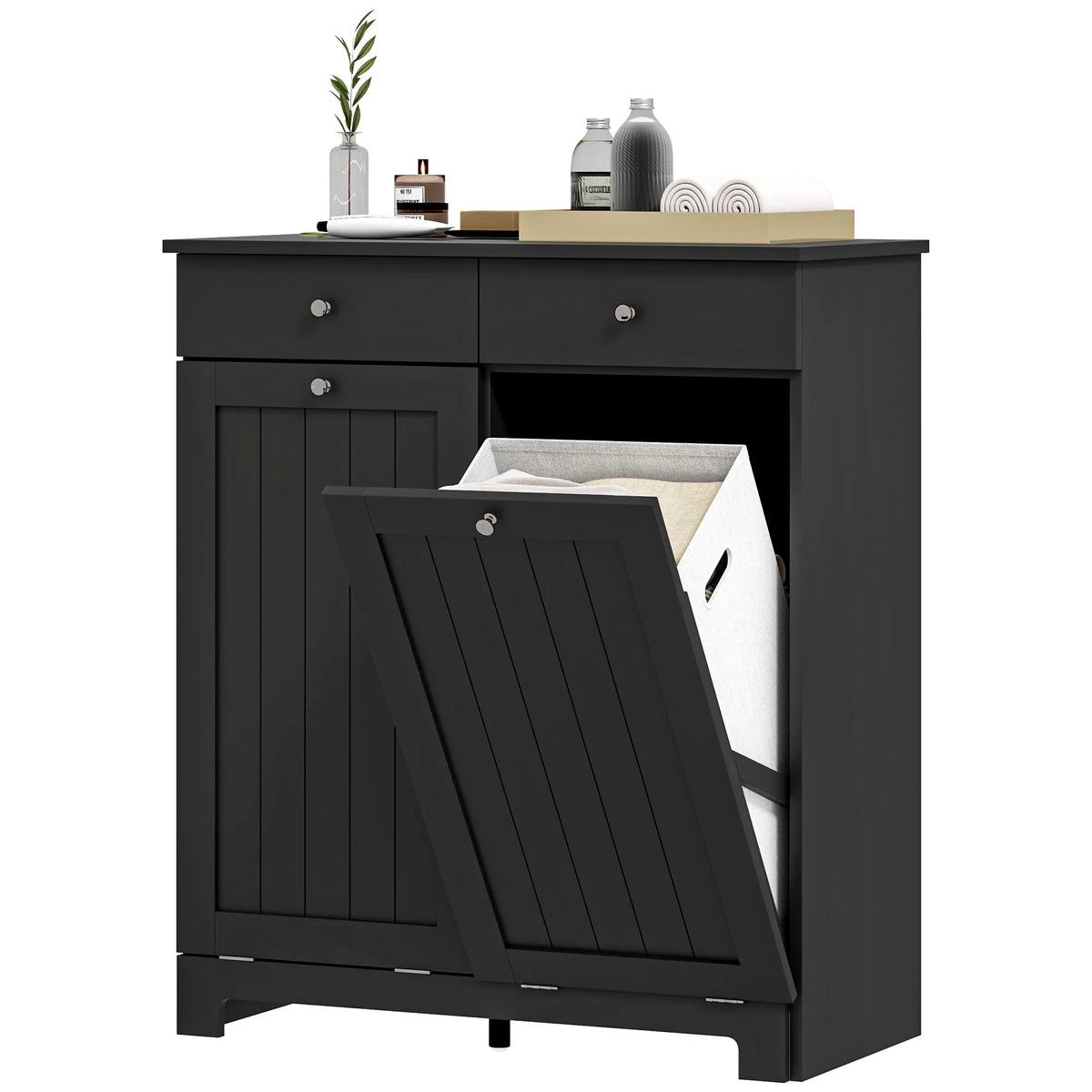 Laundry Cabinet, Tilt Out Laundry Hamper Cabinet with 2 Baskets, Bathroom Hamper Cabinet with 2 Drawers, Black