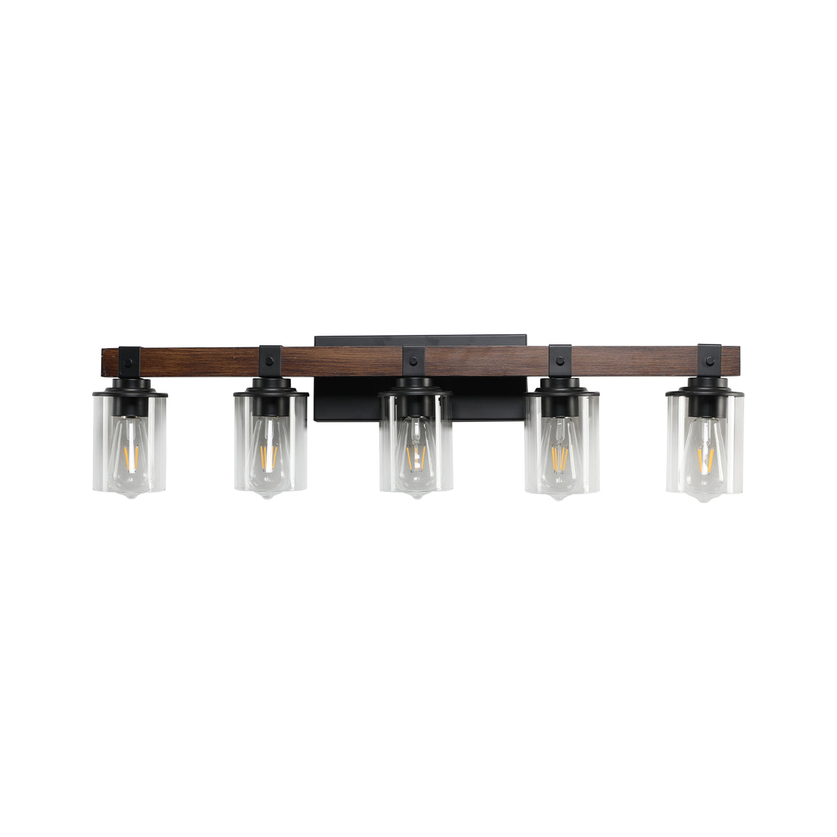35 Rustic 5-Light Vanity Light, Industrial Bathroom Wall Sconce With Glass Shades And Wood Accent, Modern Farmhouse Lighting Fixture No Bulbs
