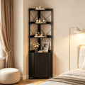 Freestanding Corner Display Shelf, Black Engineered Wood & Metal Bookcase with Concealed Cabinet, AntiFall Corner Storage Unit for Small Modern Home