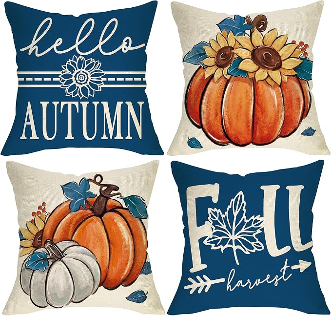 Hello Autumn Pumpkin Throw Pillow Covers, 18 x 18 in, Set of 4