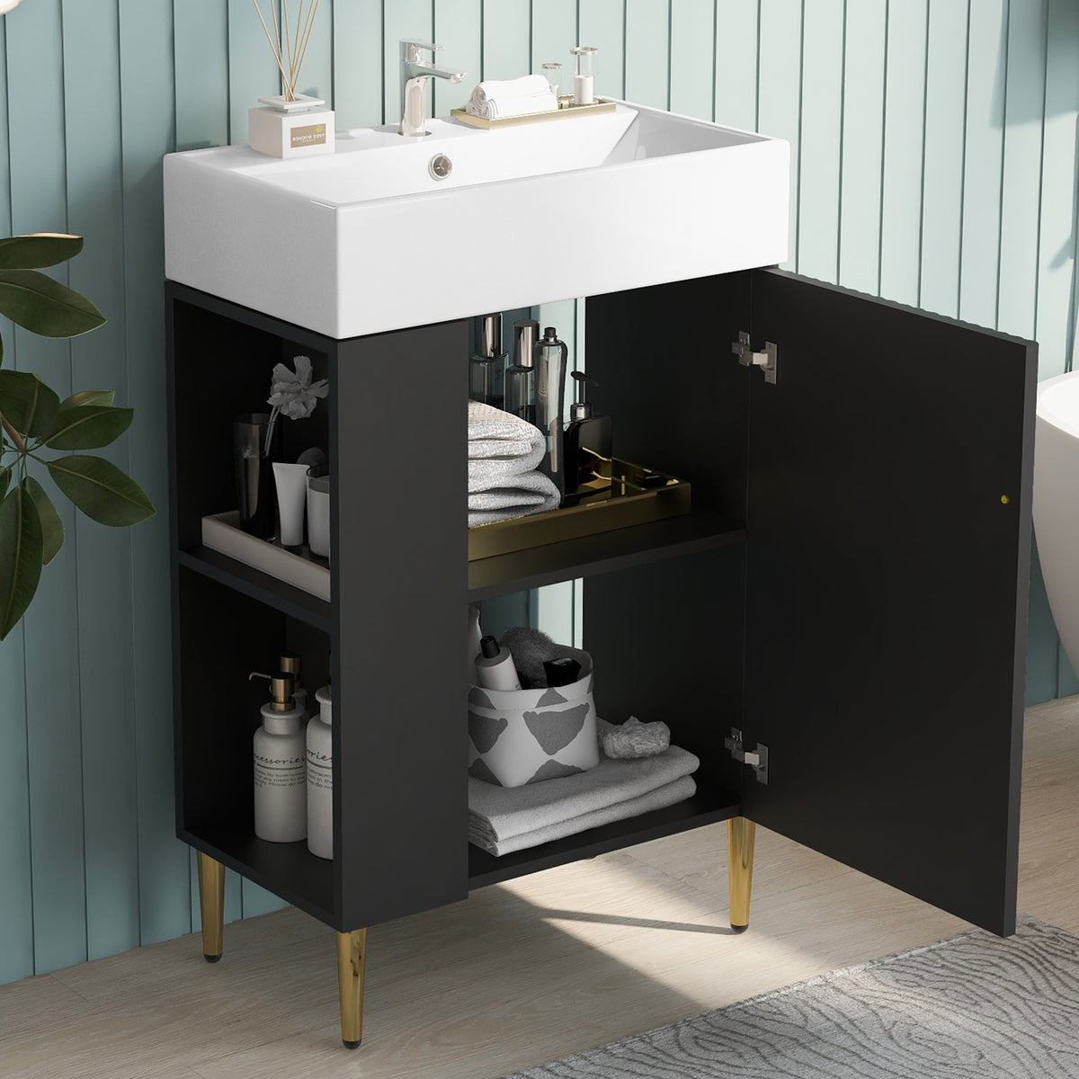 21.6" Black Bathroom Vanity, Combo Cabinet, Bathroom Storage Cabinet, Single Ceramic Sink