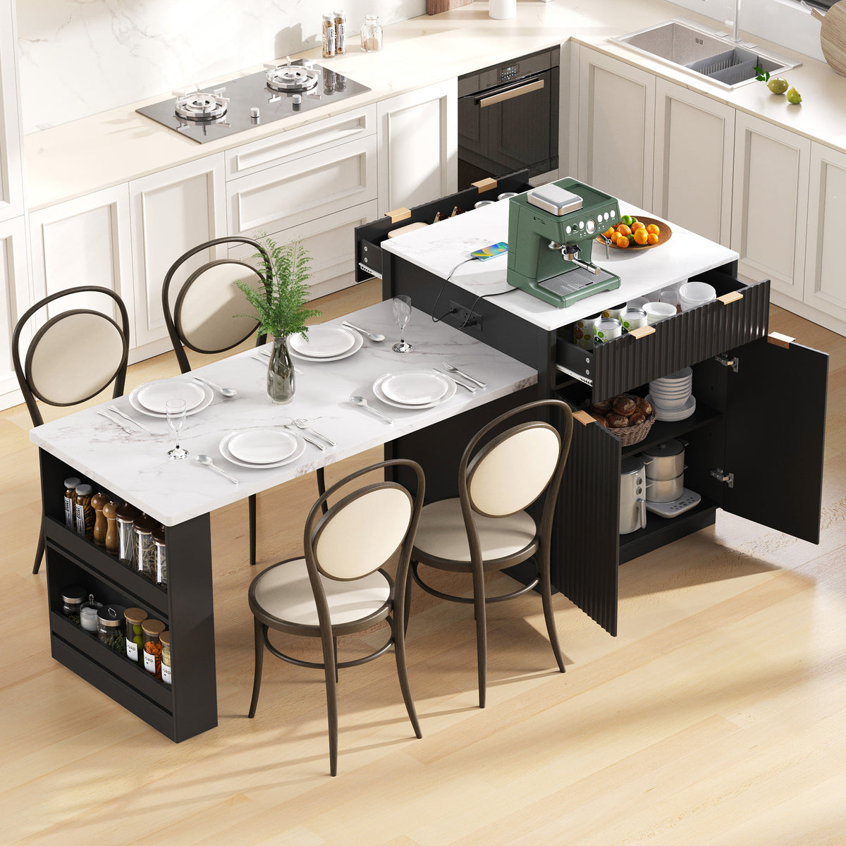 82.6" Fluted Kitchen Island with Extendable Dining Table for 4–6