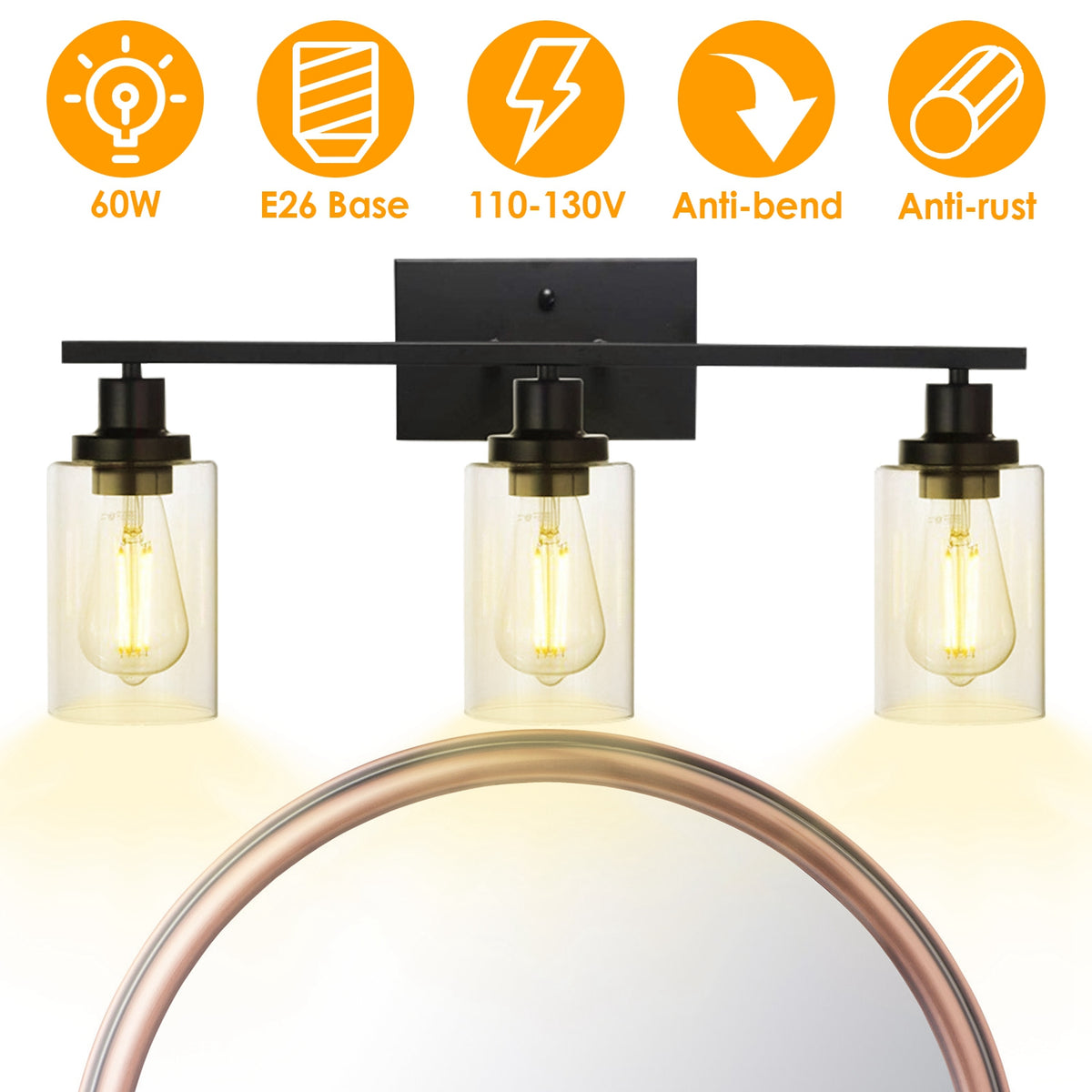1Pc 3-Light Wall Sconce Lighting With Clear Glass Shade Bathroom Vanity Lamp Fixture Modern Mounted Light For Porch Mirror Living Room Bedroom Hallway