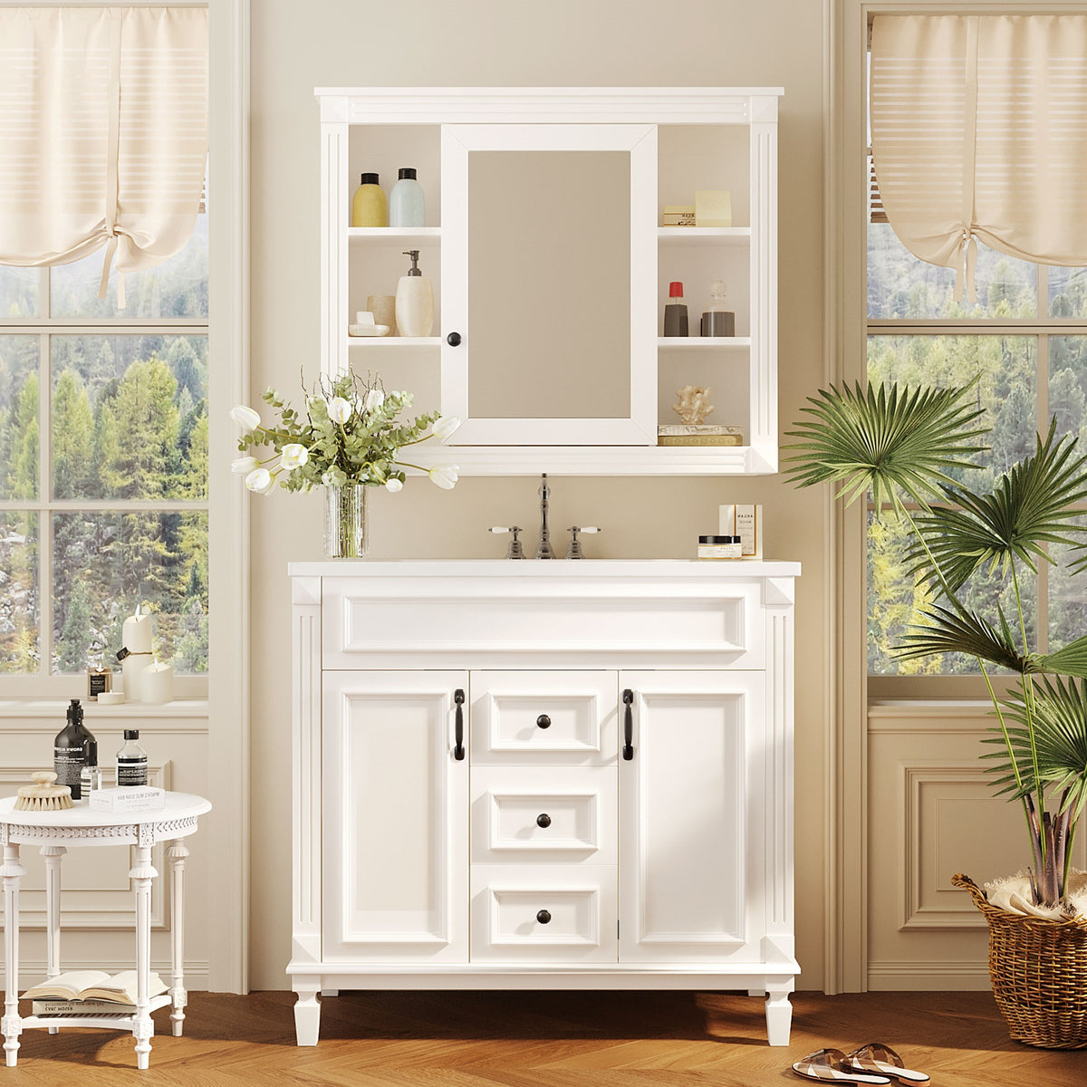 36" Bathroom Vanity with Top Sink, Mirror Cabinet, Modern Bathroom Storage Cabinet