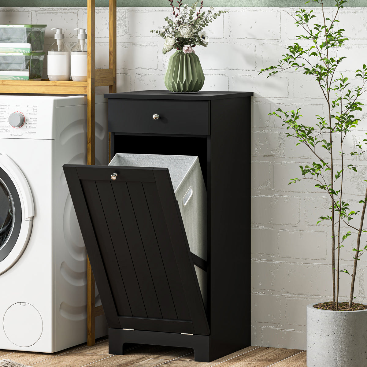 Laundry Hamper Cabinet, Laundry Cabinet with Tilt Out Laundry Basket and Drawer, White