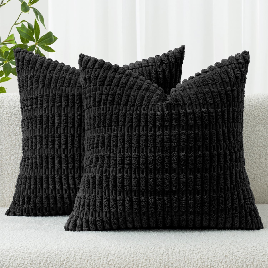 Pack Of 2 Corduroy Decorative Throw Pillow Covers 18x18 Inch Soft Boho Striped Pillow Covers Modern Farmhouse Home Decor For Sofa Living Room Couch Bed Black