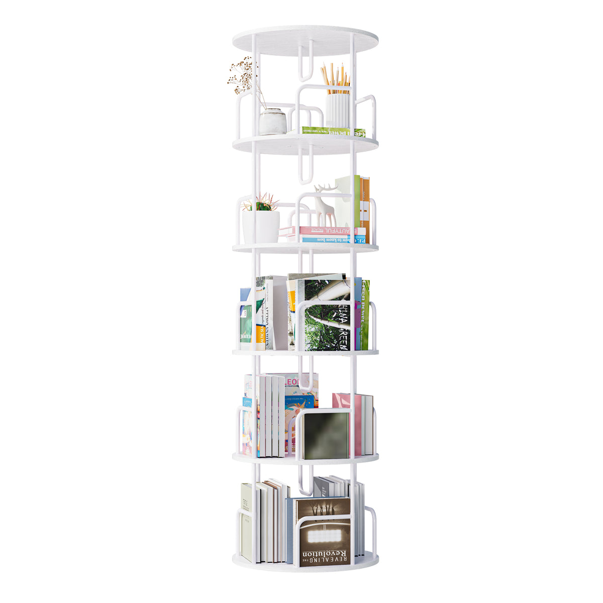 Rotating Bookshelf Tower 5 Tier Spinning Bookcase Revolving 360 Book Shelf Narrow Tall Bookcase Vertical Turning Round Storage Bookshelf Book Shelf Organizer For Bedroom Living Room White