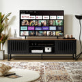63 Inch Mid Century Modern TV Stand With Slatted Grille Striped Doors, TV Stand With Storage, Entertainment Center For Living Room Bedroom, TV Media Console