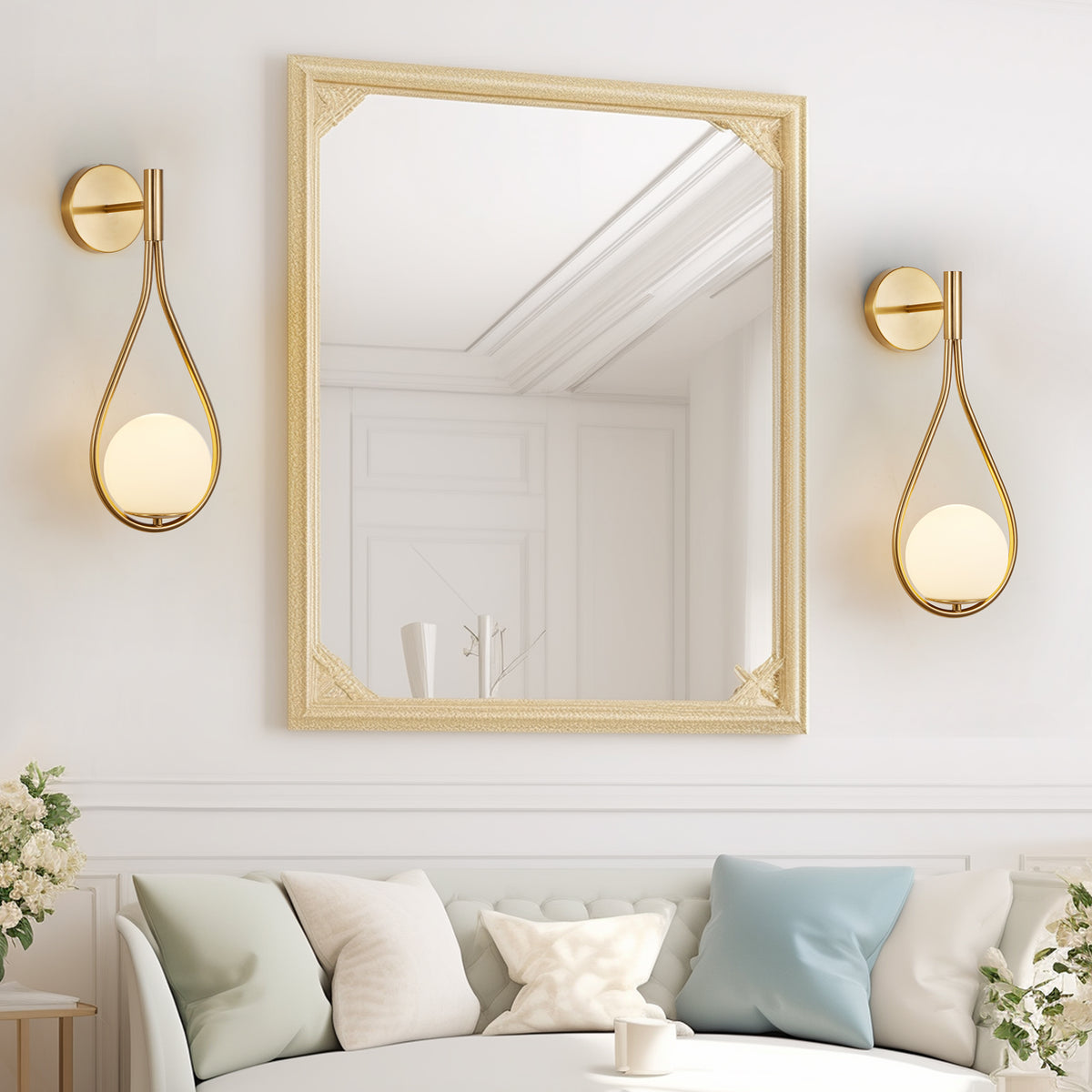 Gold Wall Sconces With Opal Glass Globes, Set of 2 (19 in)